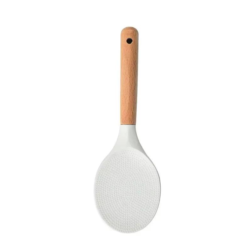 Transform Your Cooking Experience with the Non-Stick Silicone Rice Shovel Spoon - Effortless Serving with a Long Wooden Handle!.