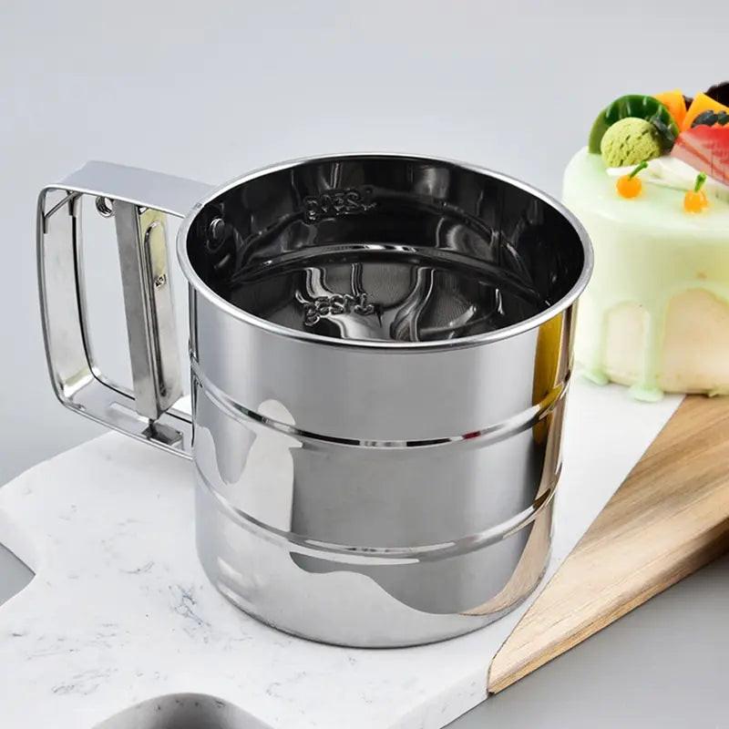 Stainless Steel Flour Sifter – Hand Press Fine Mesh Baking Sieve & Sugar Shaker, 1 Cup Capacity.