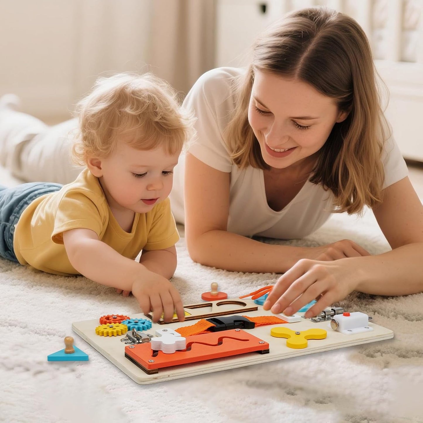 Montessori Busy Board for Toddlers – 9‑in‑1 Wooden Sensory Activity Toy, Fine Motor Skills Educational Travel Gift for Ages 3–5.