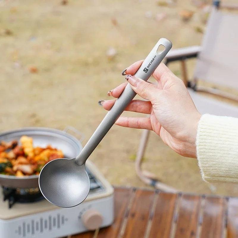 Lightweight Titanium Soup Ladle & Skimmer Kit – Versatile Cooking Tools for Home and Outdoors.