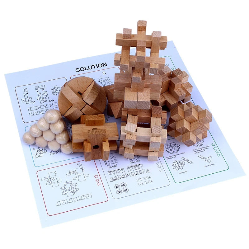 Kong Ming Mini Puzzle Set – 10-Piece Wooden IQ Locks.
