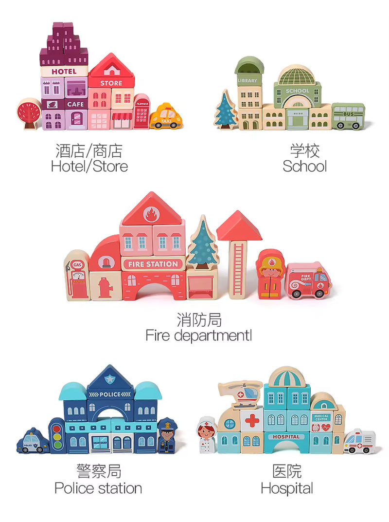 100-Piece Wooden City Street Blocks | Rainbow Building Set.