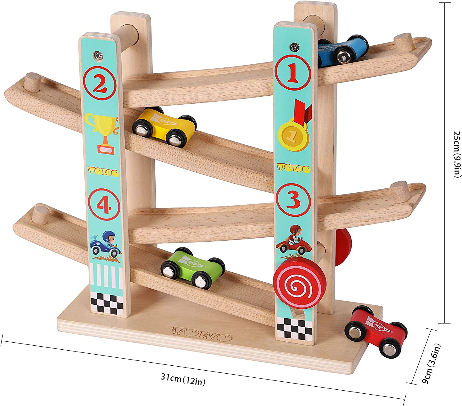 TOWO Wooden Car Ramp Toy | Zig Zag Slide with 4 Cars.