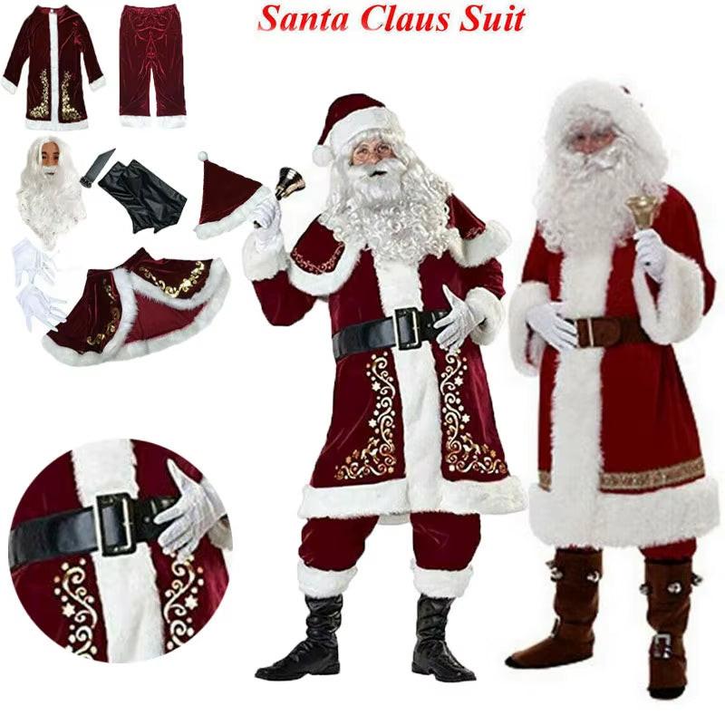 Deluxe Velvet Santa Suit – 8Pc Adult & Kids Christmas Costume Set.