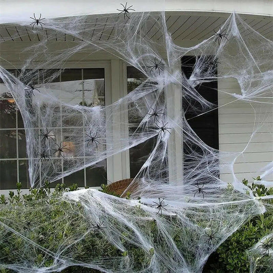 Super Stretch Spider Web with Fake Spiders – Halloween Cobweb Set for Haunted House & Party Decor