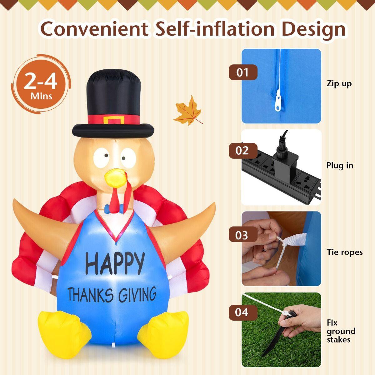6FT Thanksgiving Inflatable Turkey – LED-Lit Outdoor Decoration with Built-In Fan | Waterproof Polyester, Self-Inflating.