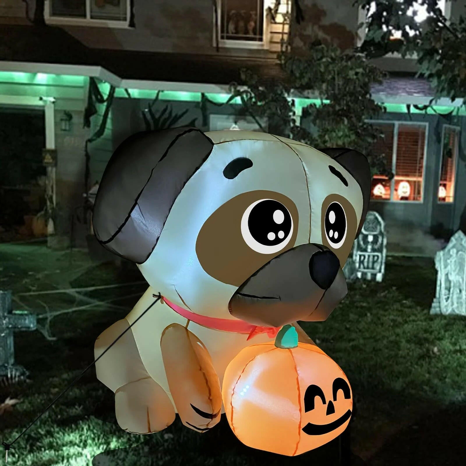 5FT Inflatable Halloween Pug Holding Pumpkin – LED Blow-Up Decoration for Garden, Lawn, and Indoor Displays