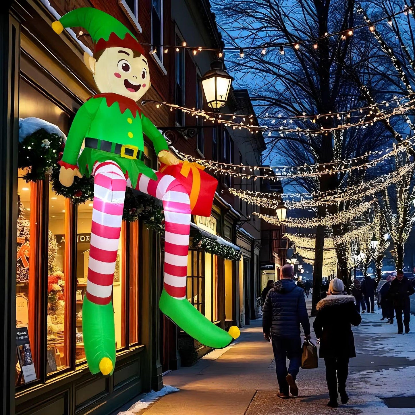 8FT Light-Up Sitting Elf Christmas Inflatable – Outdoor Yard Decoration with LED Lights & Gift Box.