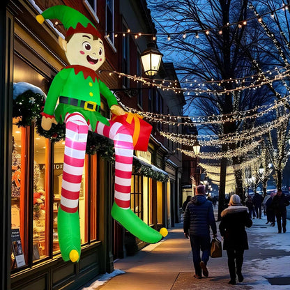 8FT Light-Up Sitting Elf Christmas Inflatable – Outdoor Yard Decoration with LED Lights & Gift Box.