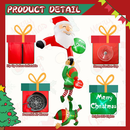 8FT Hanging Santa & Elf Christmas Inflatable – LED-Lit Outdoor Decoration for Windows, Roofs & Eaves.