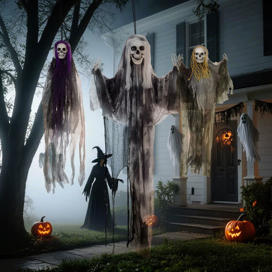 Ghastly Set of 3 Hanging Skeleton, Flying Ghost Halloween Decorations