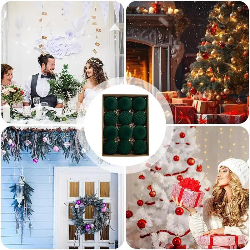 12-Pack Green Flocked Christmas Tree Baubles – Elegant ABS Ornaments for Festive Decor & Holiday Parties.