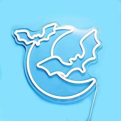 2025 Moon & Bat Neon Sign – USB-Powered LED Wall Light with Dimmable Brightness for Halloween Party & Gothic Decor
