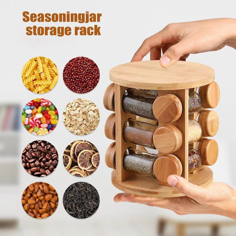 Wooden Seasoning Rack Condiment Jar Holder for Kitchen Rotating Salt Container Storage Shelf for Pepper Jars Condiment Box Rack