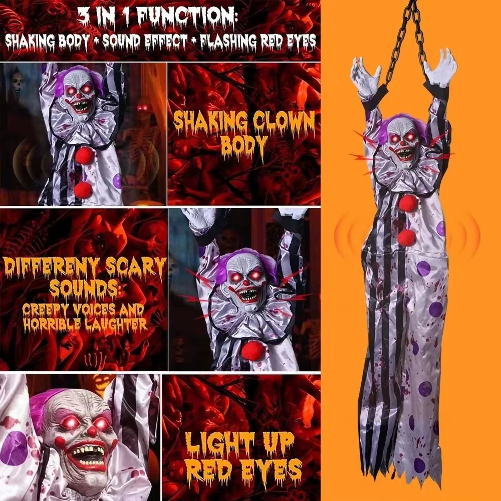 Electric Voice‑Activated Hanging Ghost Clown – Animated Halloween Prop with LED Eyes, Sound & Motion – Scary Haunted House, Porch, Tree & Party Decoration