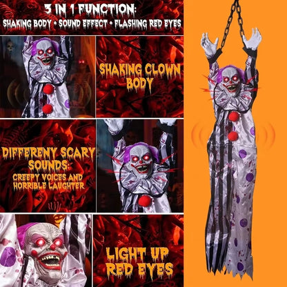Electric Voice‑Activated Hanging Ghost Clown – Animated Halloween Prop with LED Eyes, Sound & Motion – Scary Haunted House, Porch, Tree & Party Decoration