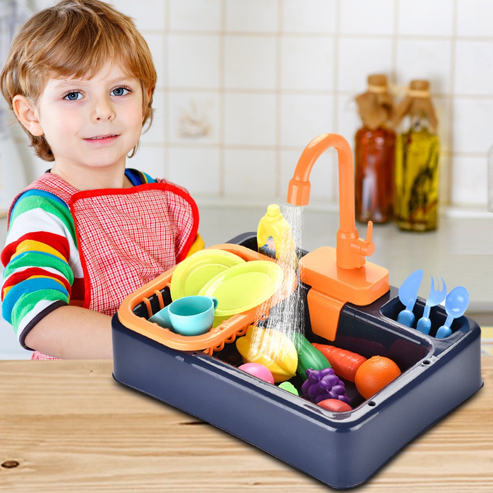 Children’s simulated kitchen sink toy with electric water pump, safe ABS material, and accessories.