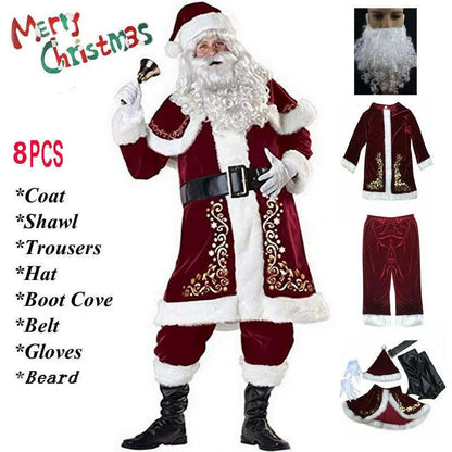 Deluxe Velvet Santa Suit – 8Pc Adult & Kids Christmas Costume Set.