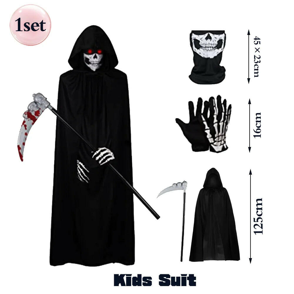 Unleash the Spooktacular! 🎃👻 Get your Scary Ghost Reaper Costume Set – Perfect for adults & kids! Hooded cape, skull mask, gloves, and scythe included! 🖤⚰️ #HalloweenVibes #SpookySeason