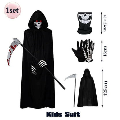 Unleash the Spooktacular! 🎃👻 Get your Scary Ghost Reaper Costume Set – Perfect for adults & kids! Hooded cape, skull mask, gloves, and scythe included! 🖤⚰️ #HalloweenVibes #SpookySeason