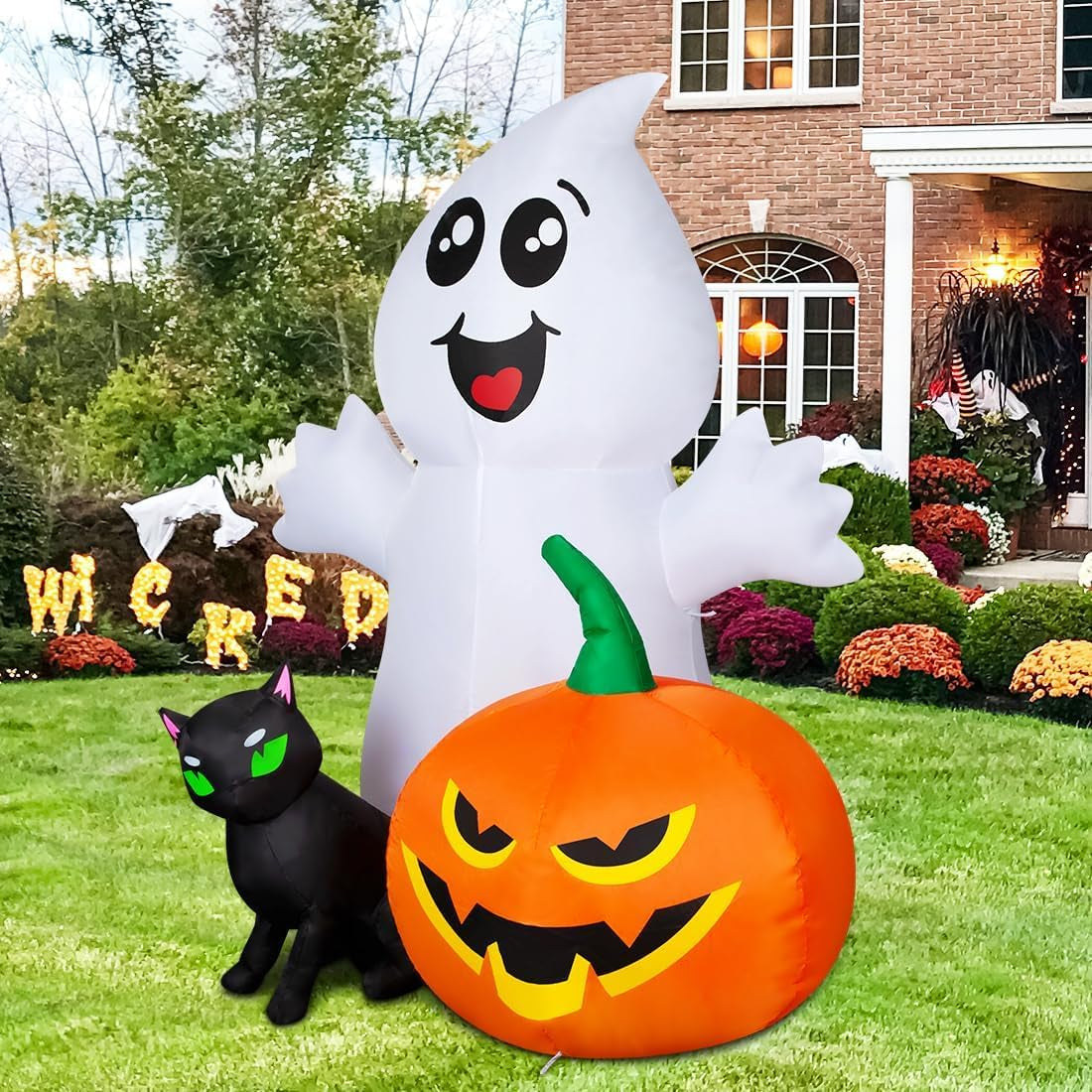 5FT Halloween Inflatable Ghost with Black Cat and Pumpkin – LED‑Lit Outdoor & Indoor Decoration