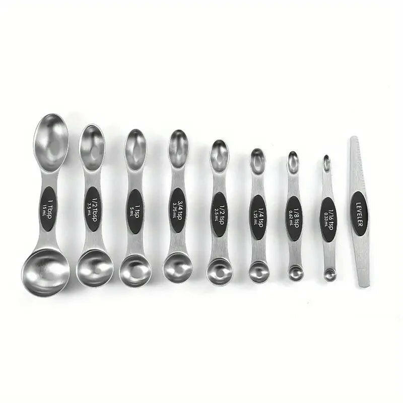 Premium Stainless Steel Measuring Spoons Set: 8 Double-Sided Magnetic Spoons & 1 Level for Perfect Dry Ingredient Measurement
