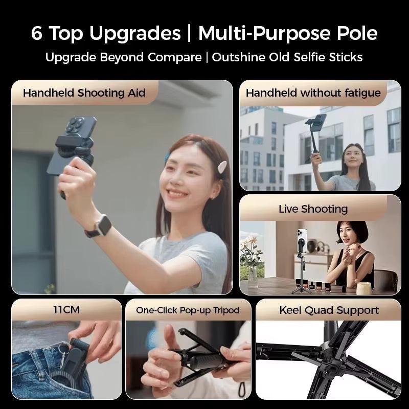 Snap, Stream, Go – 4-in-1 Magnetic Selfie Stick with Bluetooth & 360° Rotation.