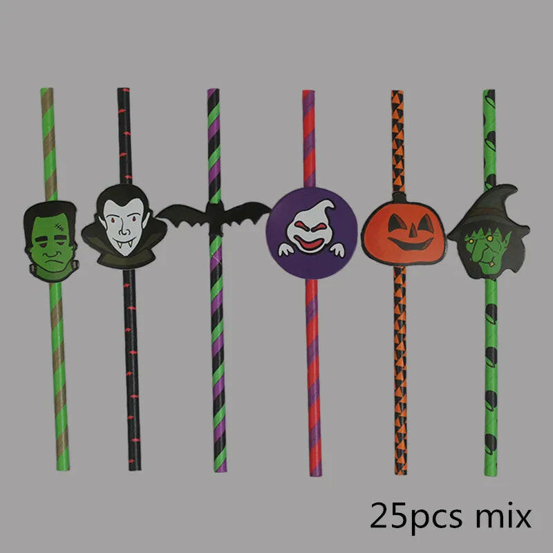 25-Pack Halloween Disposable Straws – Choose from 17 Spooky Designs for Party Drinks & Decor