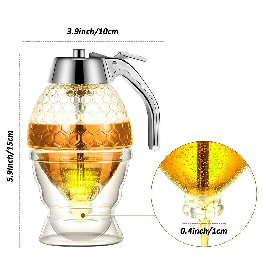 Honey Pourer Dispenser with Stand and Storage Jar for Juices and Syrups.