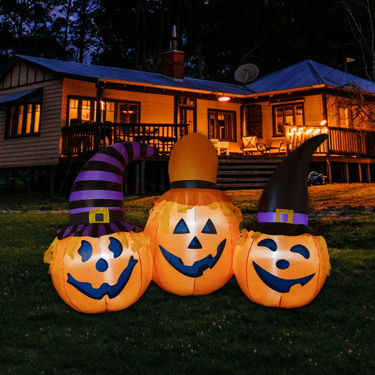 6.5FT Inflatable Halloween Pumpkin Trio with Wizard Hats – LED Blow-Up Decoration for Garden, Lawn, and Party Displays