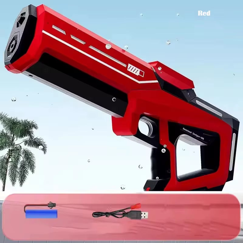 Electric water gun with rechargeable lithium battery & 8–10m range. 43cm long blaster with quick refilling, waterproof design & up to 200 shots per charge