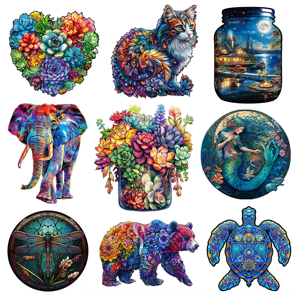 Wooden Animal Puzzle Collection – Bear, Turtle, Cat & Elephant Irregular Jigsaws for Adults & Kids.