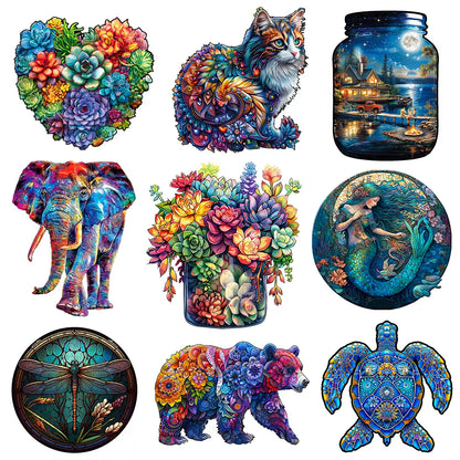 Wooden Animal Puzzle Collection – Bear, Turtle, Cat & Elephant Irregular Jigsaws for Adults & Kids.