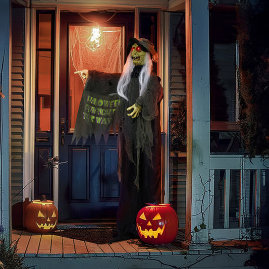 6Ft Voice‑Activated Standing Witch Halloween Decoration – LED Red Eyes, Sound, Vibration and Motion Sensor – Indoor/Outdoor Animatronic Prop – Battery Operated