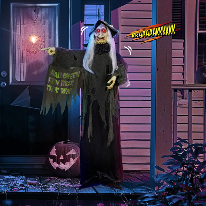 6Ft Voice‑Activated Standing Witch Halloween Decoration – LED Red Eyes, Sound, Vibration and Motion Sensor – Indoor/Outdoor Animatronic Prop – Battery Operated