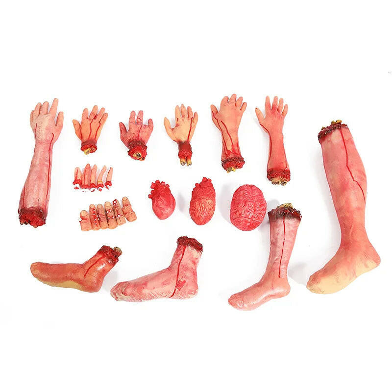 Horror Halloween Rubber Body Part Props – Fake Hands, Legs, Hearts & Brains for Haunted House & Party Decor