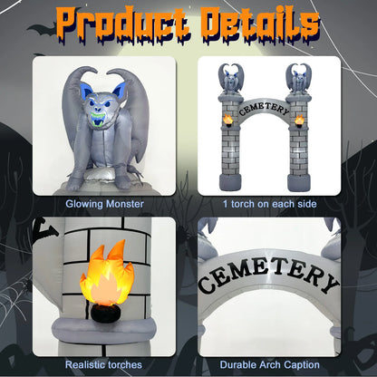 10FT Inflatable Haunted Cemetery Archway – LED Halloween Blow-Up Entrance for Lawn, Garden, and Outdoor Displays