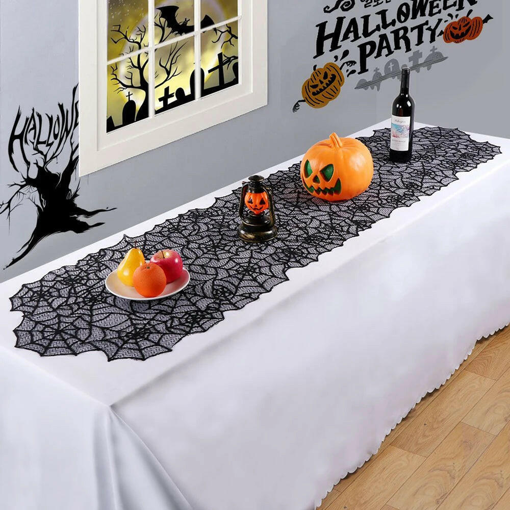 2025 Black Lace Spider Web Table Runner – Gothic Halloween Mantel Cover & Party Decor Accent (1pc)