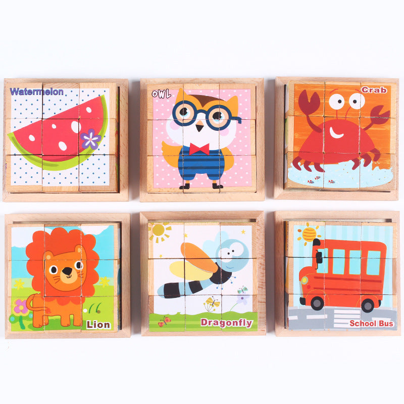 Six-face wooden cube puzzle with 9 blocks, educational toy for children aged 4–6.