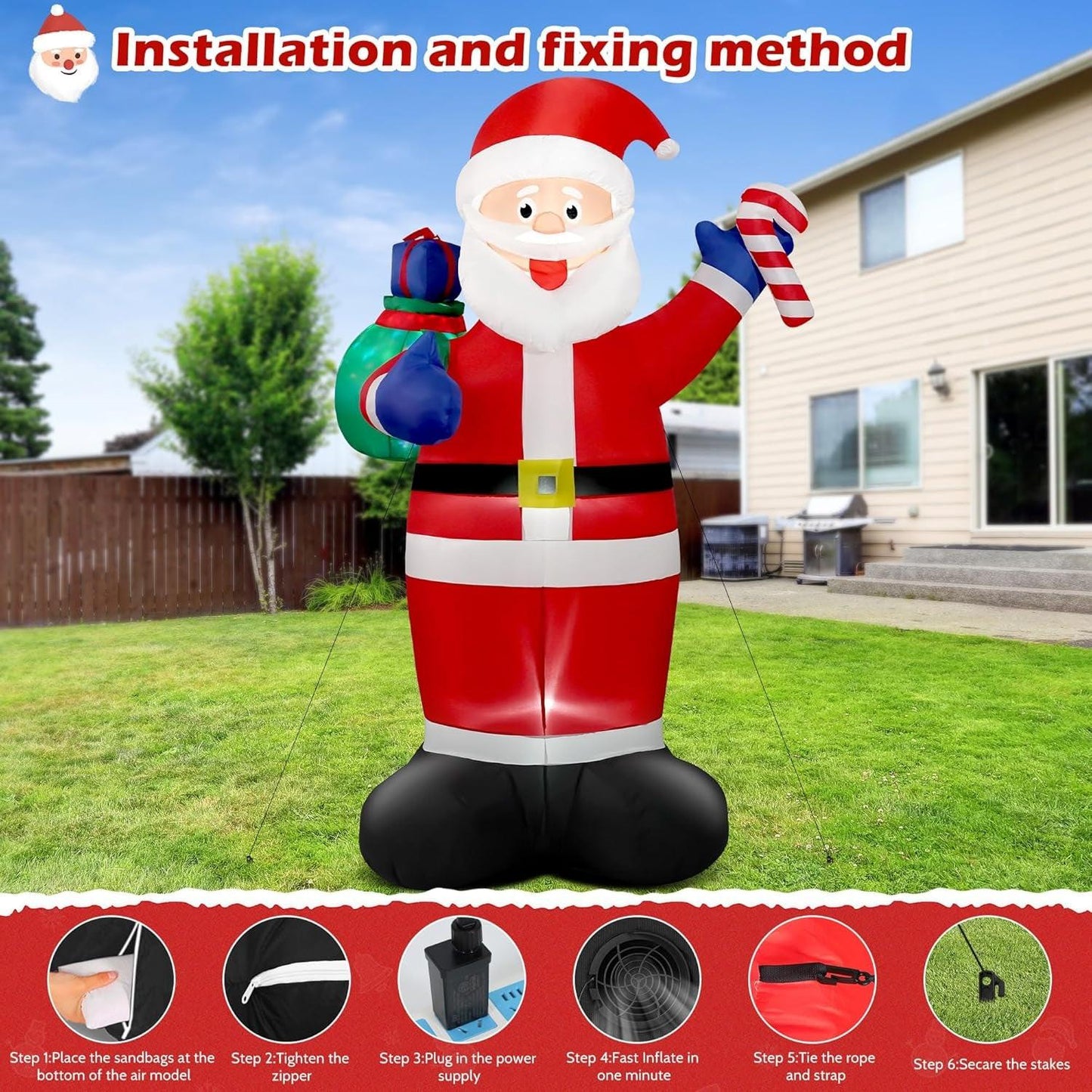 8FT Giant Christmas Inflatable Santa with Flashing Gift Bag – IP44 Weatherproof Outdoor Decoration for Lawn, Garden & Holiday Parties.