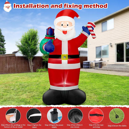 8FT Giant Christmas Inflatable Santa with Flashing Gift Bag – IP44 Weatherproof Outdoor Decoration for Lawn, Garden & Holiday Parties.