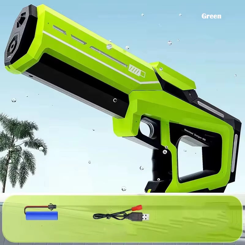 Electric water gun with rechargeable lithium battery & 8–10m range. 43cm long blaster with quick refilling, waterproof design & up to 200 shots per charge