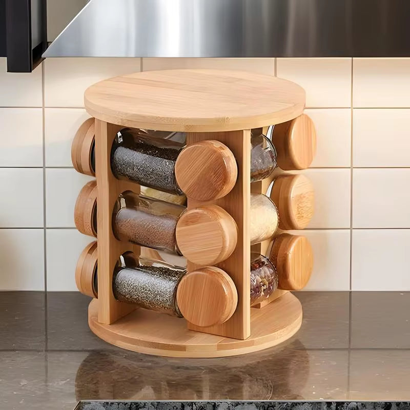 Wooden Seasoning Rack Condiment Jar Holder for Kitchen Rotating Salt Container Storage Shelf for Pepper Jars Condiment Box Rack