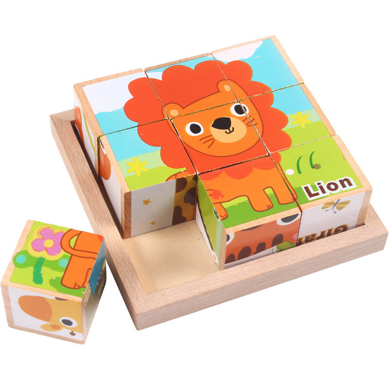 Six-face wooden cube puzzle with 9 blocks, educational toy for children aged 4–6.