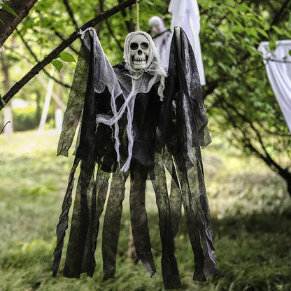 2025 Hanging Skull Ghost – Adjustable Arms & Wind-Tattered Fabric for Haunted House & Outdoor Halloween Decor (60×85cm)