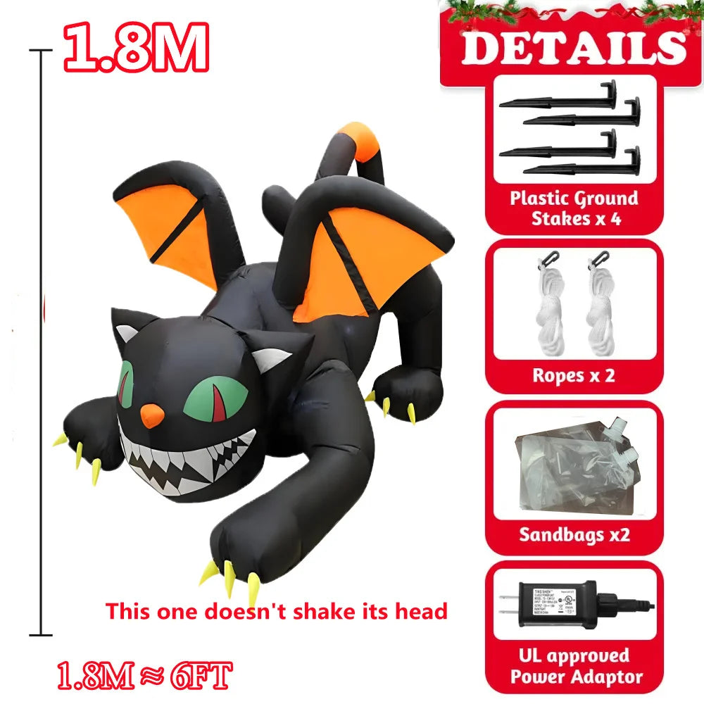 1.8M Giant Halloween Inflatable Black Cat with Shaking Head & LED Lights – Outdoor Lawn Decoration for Haunted House & Party Display