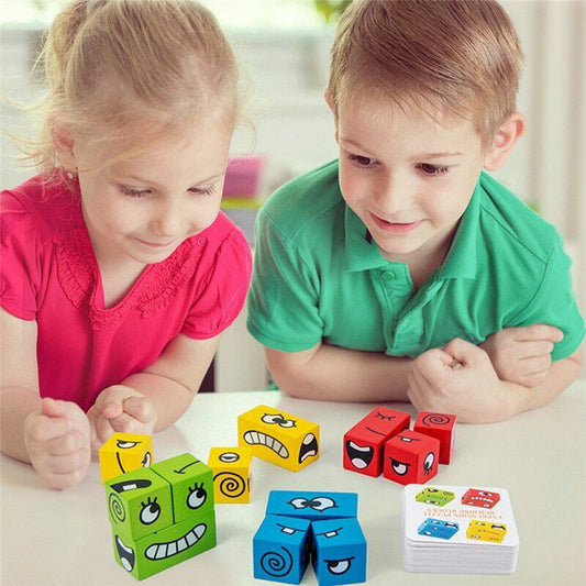 Wooden Expressions Toy Wooden Magic Cube Face Pattern Building Blocks Educational Montessori Toys Wooden Matching Block Puzzles.