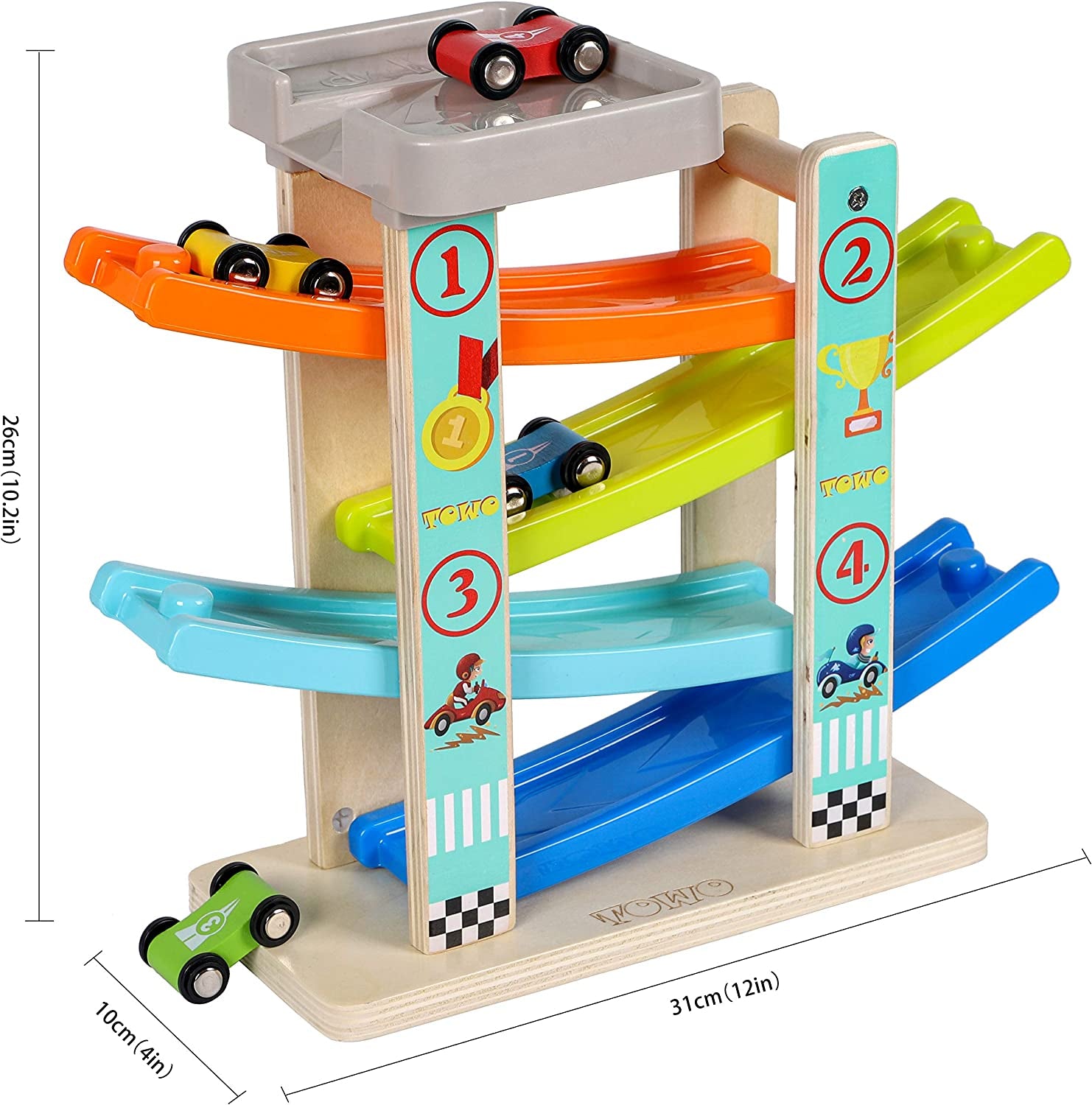 TOWO Wooden Car Ramp Toy | Zig Zag Slide with 4 Cars.
