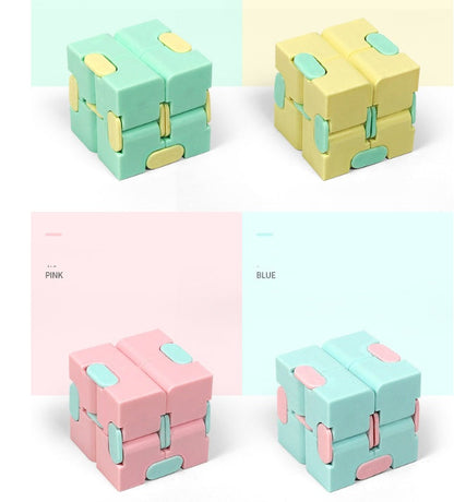 Infinity Cube finger puzzle with 8 rotating cubes, compact stress-relief toy in random colors.