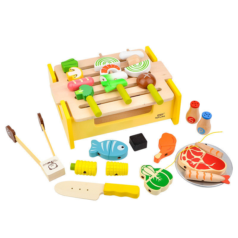Wooden kitchen BBQ play set with 32 magnetic food pieces for imaginative and educational play